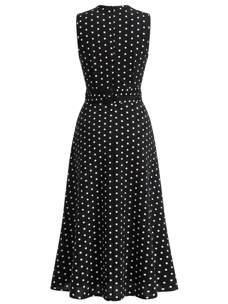 30er Ärmelloses Raffkleid mit Polka-Dots und Rundhals