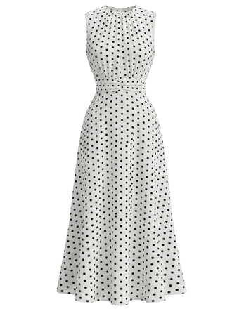 30er Ärmelloses Raffkleid mit Polka-Dots und Rundhals