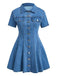 Blaues 50er Jeans-Kleid mit Kurzarm und Reverskragen
