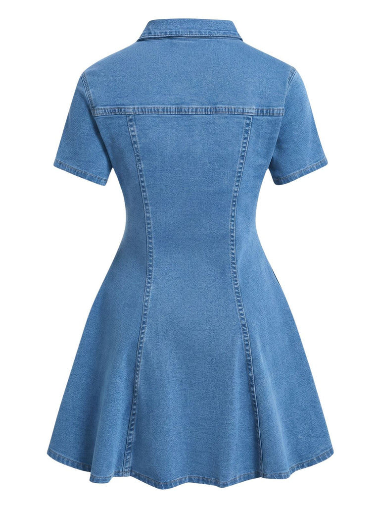 Blaues 50er Jeans-Kleid mit Kurzarm und Reverskragen