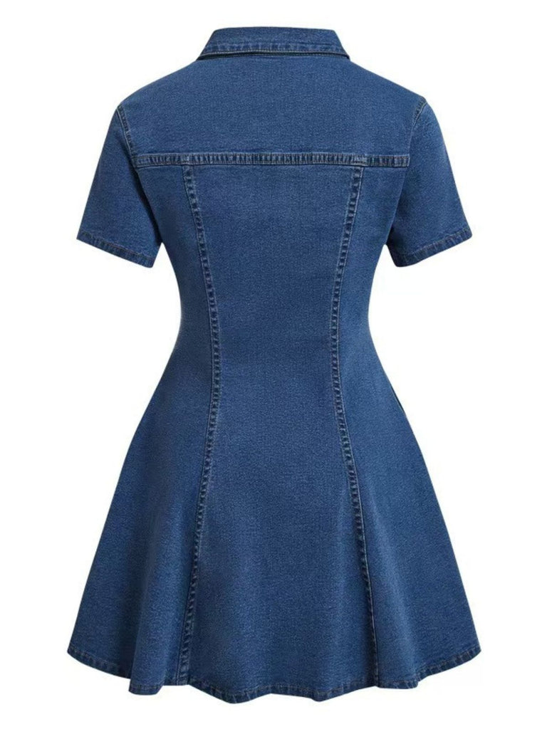 Blaues 50er Jeans-Kleid mit Kurzarm und Reverskragen