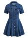 Blaues 50er Jeans-Kleid mit Kurzarm und Reverskragen