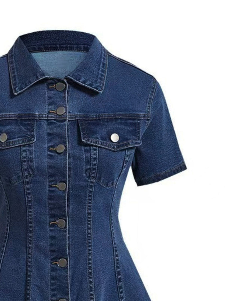 Blaues 50er Jeans-Kleid mit Kurzarm und Reverskragen