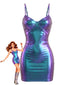 60er Metallic-Minikleid mit Holo-Effekt und Spaghettiträgern