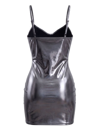 Graues 60er Metallic-Minikleid mit Holo-Effekt und Spaghettiträgern