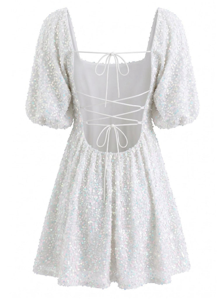 60er Paillettenkleid mit Karree-Ausschnitt und Puffärmeln