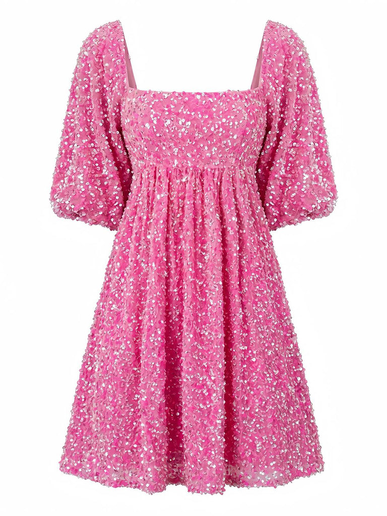 60er Paillettenkleid mit Karree-Ausschnitt und Puffärmeln