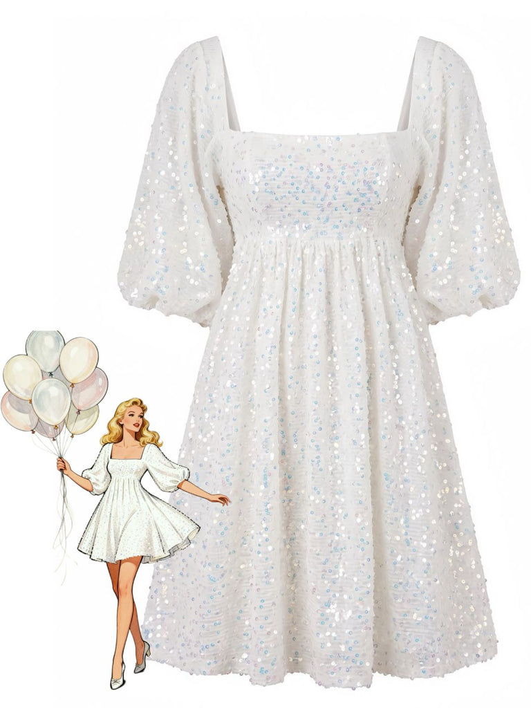 60er Paillettenkleid mit Karree-Ausschnitt und Puffärmeln