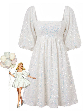 60er Paillettenkleid mit Karree-Ausschnitt und Puffärmeln