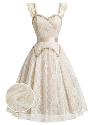 Beige 50er Spitzenkleid mit Blumenstickerei