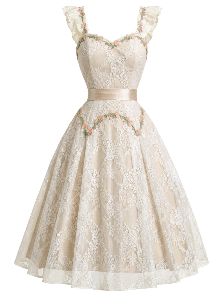 Beige 50er Spitzenkleid mit Blumenstickerei