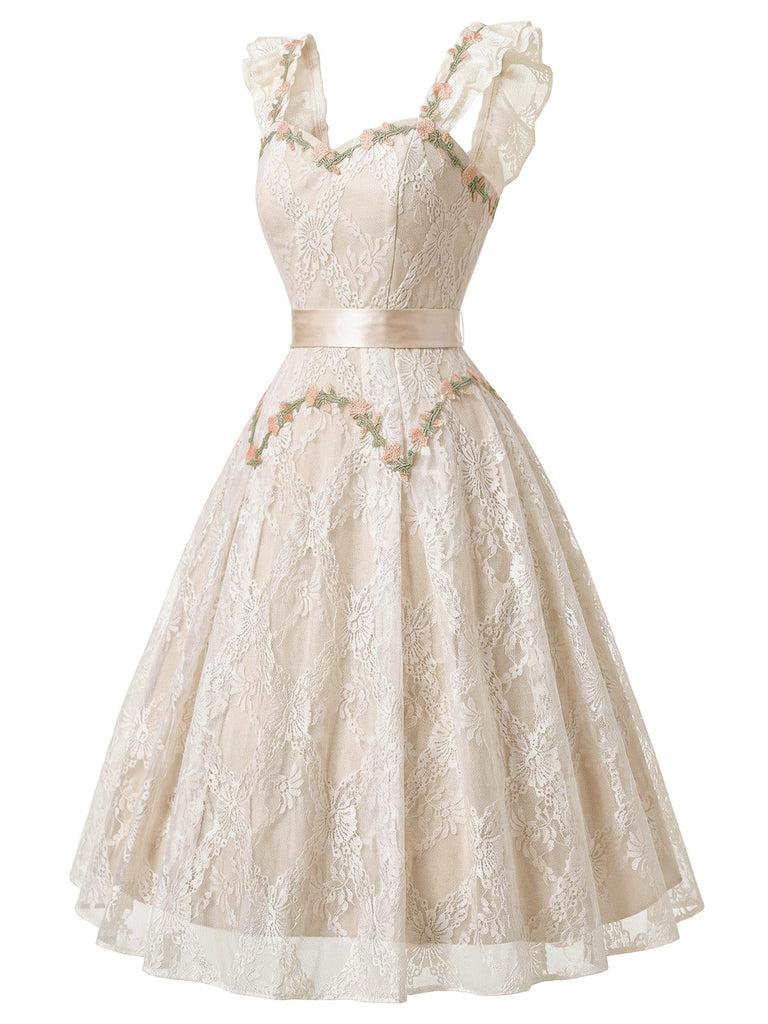 Beige 50er Spitzenkleid mit Blumenstickerei