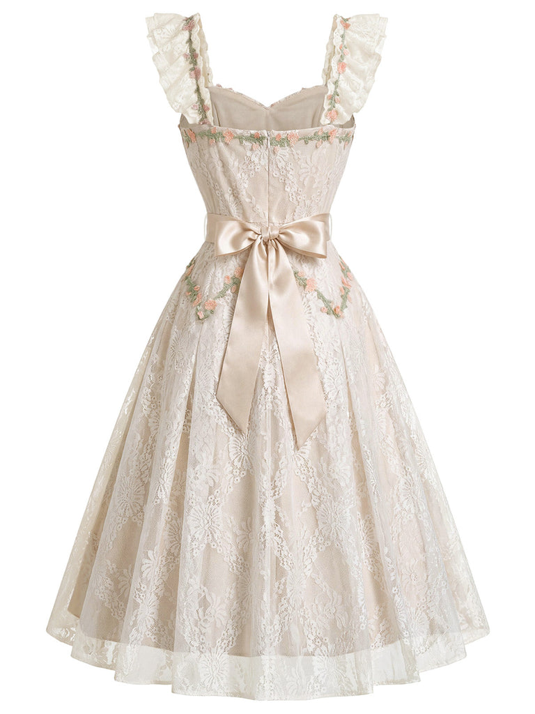Beige 50er Spitzenkleid mit Blumenstickerei