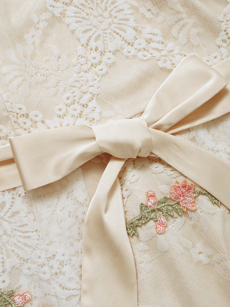 Beige 50er Spitzenkleid mit Blumenstickerei