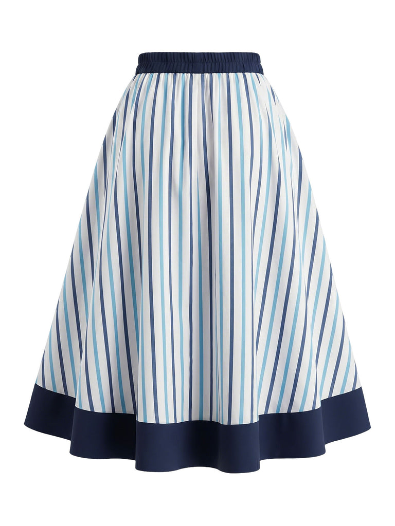 Blaues 50er Set mit Bluse und Streifenrock