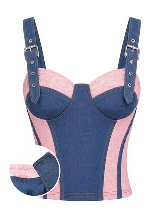 Blau 50er Jeans-Korsett mit Spitze und Kontrast