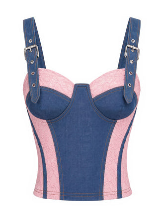 Blau 50er Jeans-Korsett mit Spitze und Kontrast