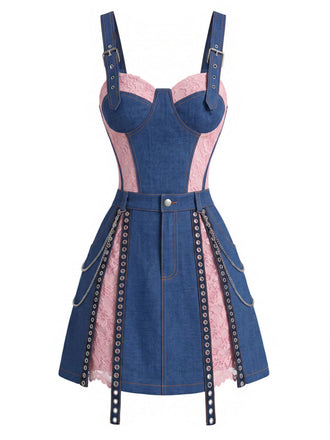 Blau 50er Jeans-Korsett mit Spitze