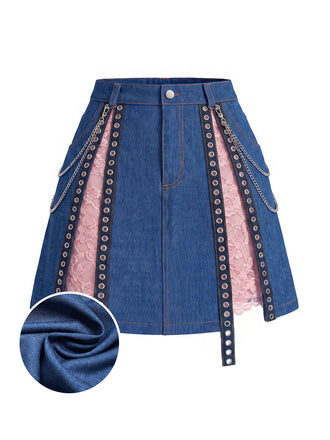 Blauer 50er Jeans-Rock mit Spitzen-Einsatz und Detail