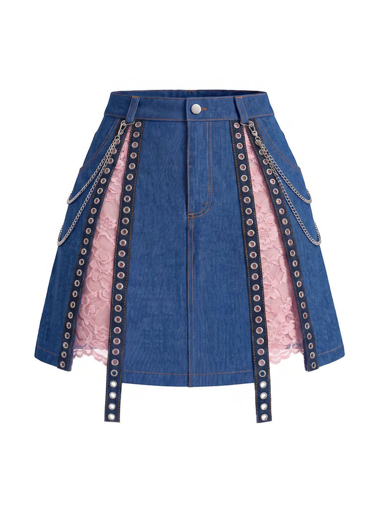 Blauer 50er Jeans-Rock mit Spitzen-Einsatz und Detail
