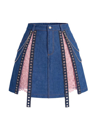 Blauer 50er Jeans-Rock mit Spitzen-Einsatz und Detail