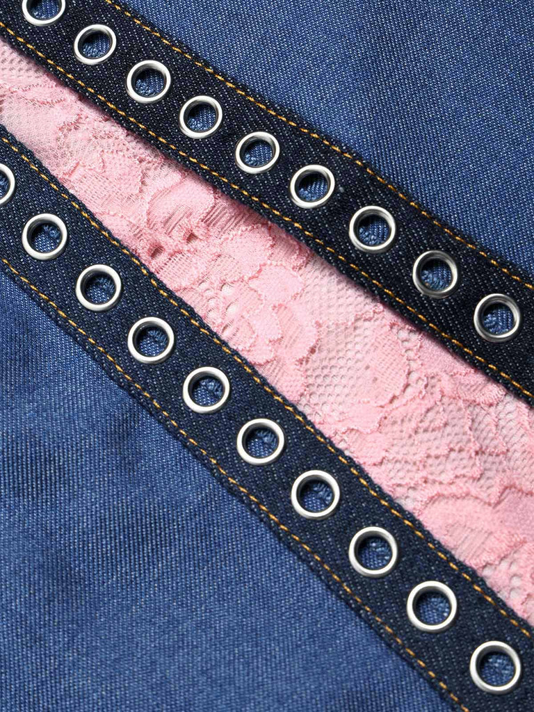 Blauer 50er Jeans-Rock mit Spitzen-Einsatz und Detail