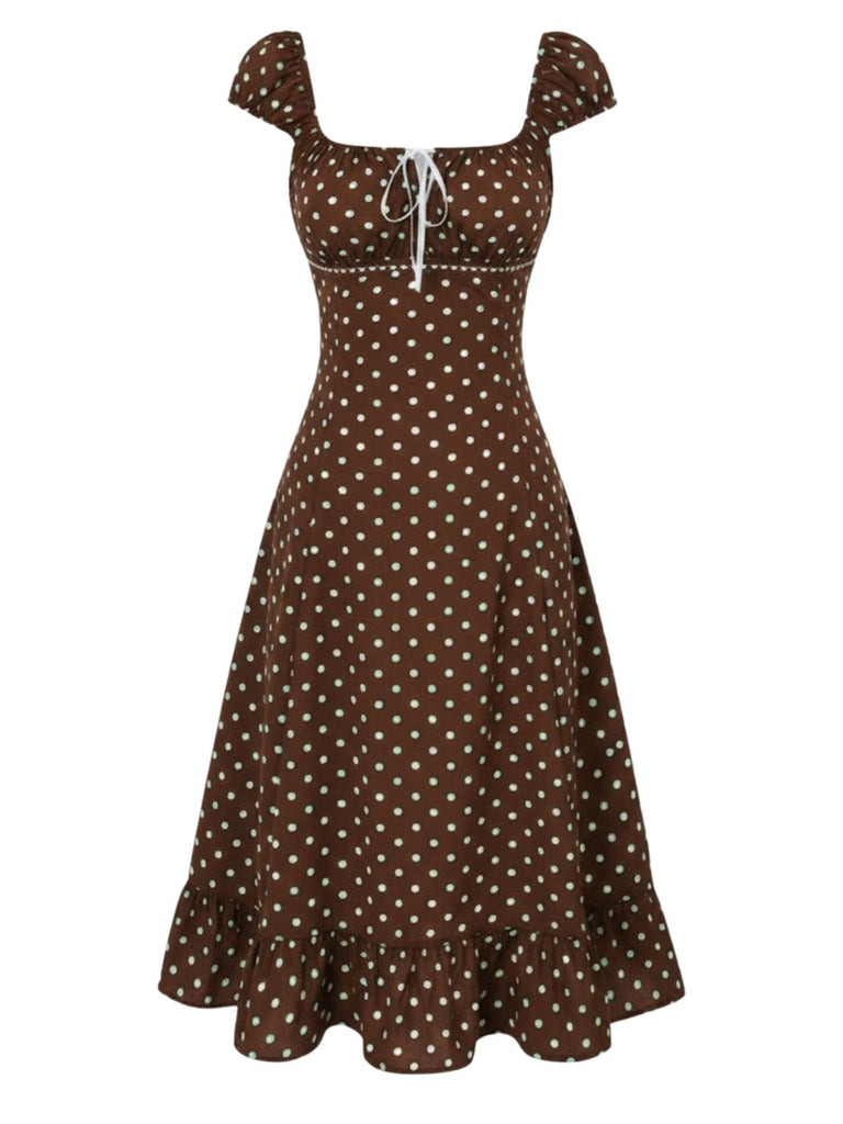 Braunes 40er Kleid mit Eckiger Ausschnitt und Polka-Dots