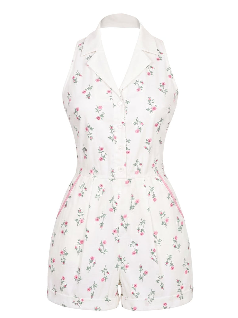 Weißer 60er Romper mit Neckholder und Blumen