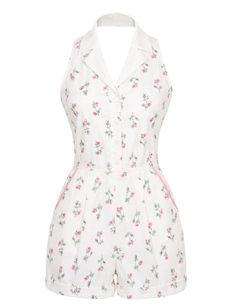 Weißer 60er Romper mit Neckholder und Blumen
