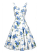 Weißes & Blaues 50er Ärmelloses Midikleid mit Blumen und Schlag