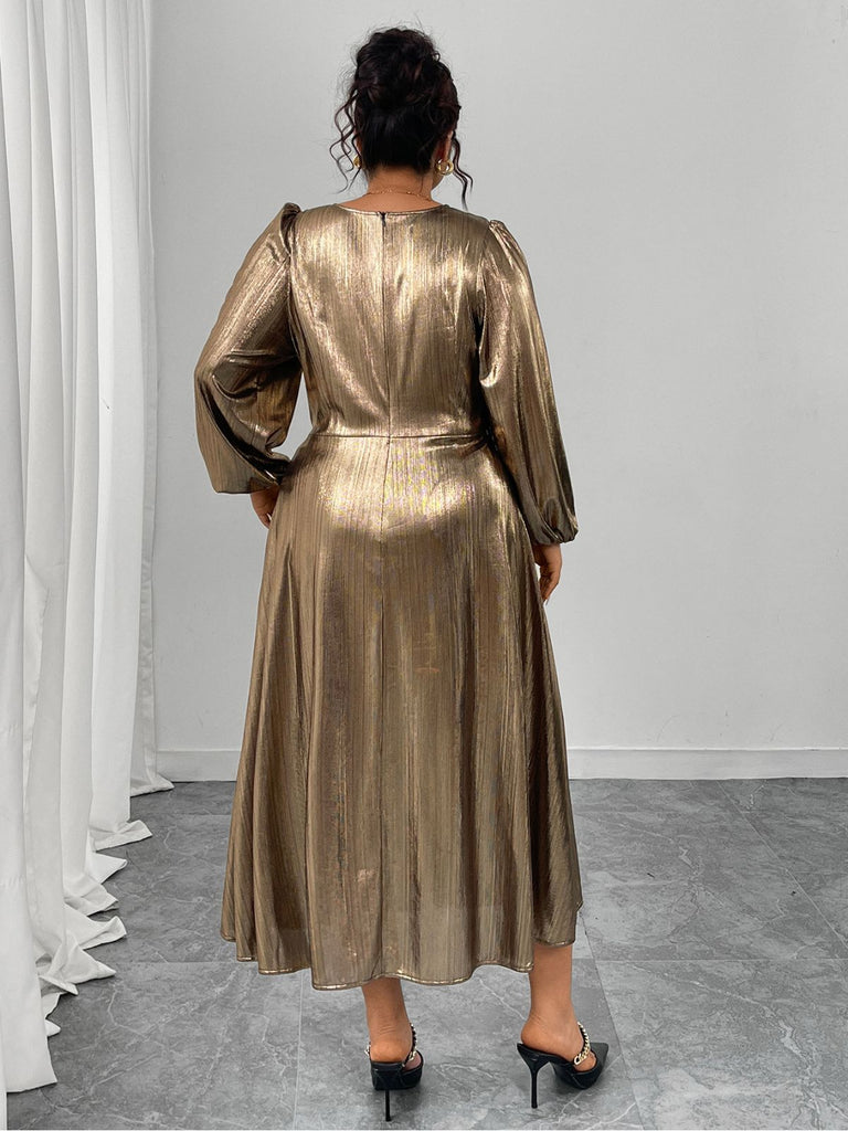 [Übergröße] Goldenes 70er Kleid mit Ballonärmel und Hohe Taille