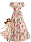 30er schulterfreies Swingkleid mit Tulpenmuster und Rüschen