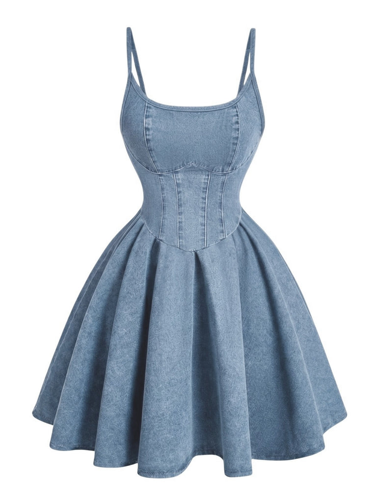 Blaues 50er Denim-Korsettkleid mit Spaghettiträgern