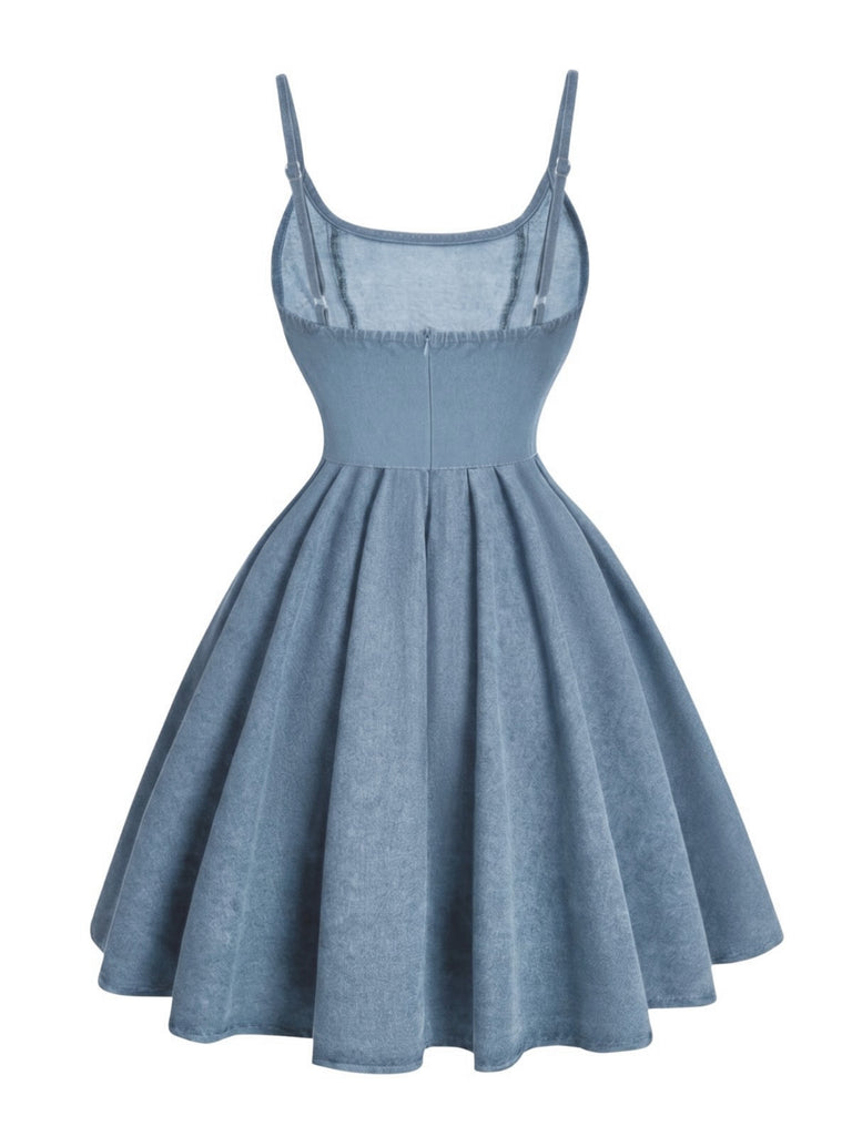 Blaues 50er Denim-Korsettkleid mit Spaghettiträgern