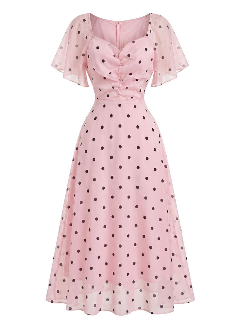 Rosa 40er Midikleid mit Puffärmel und Polka-Dots
