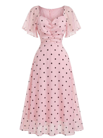 Rosa 40er Midikleid mit Puffärmel und Polka-Dots