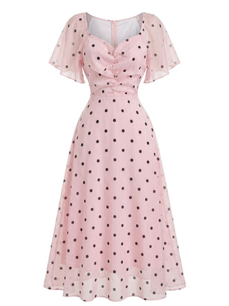 Rosa 40er Midikleid mit Puffärmel und Polka-Dots