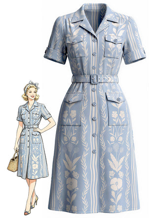 Blaues 40er Kleid mit Pflanzenprint und Schlitz