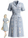 Blaues 40er Kleid mit Pflanzenprint und Schlitz