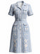 [Vorverkauf] Blaues 40er Hemdblusenkleid mit Pflanzenprint und Taschen