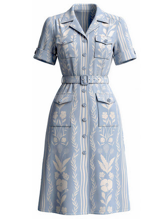 Blaues 40er Kleid mit Pflanzenprint und Schlitz
