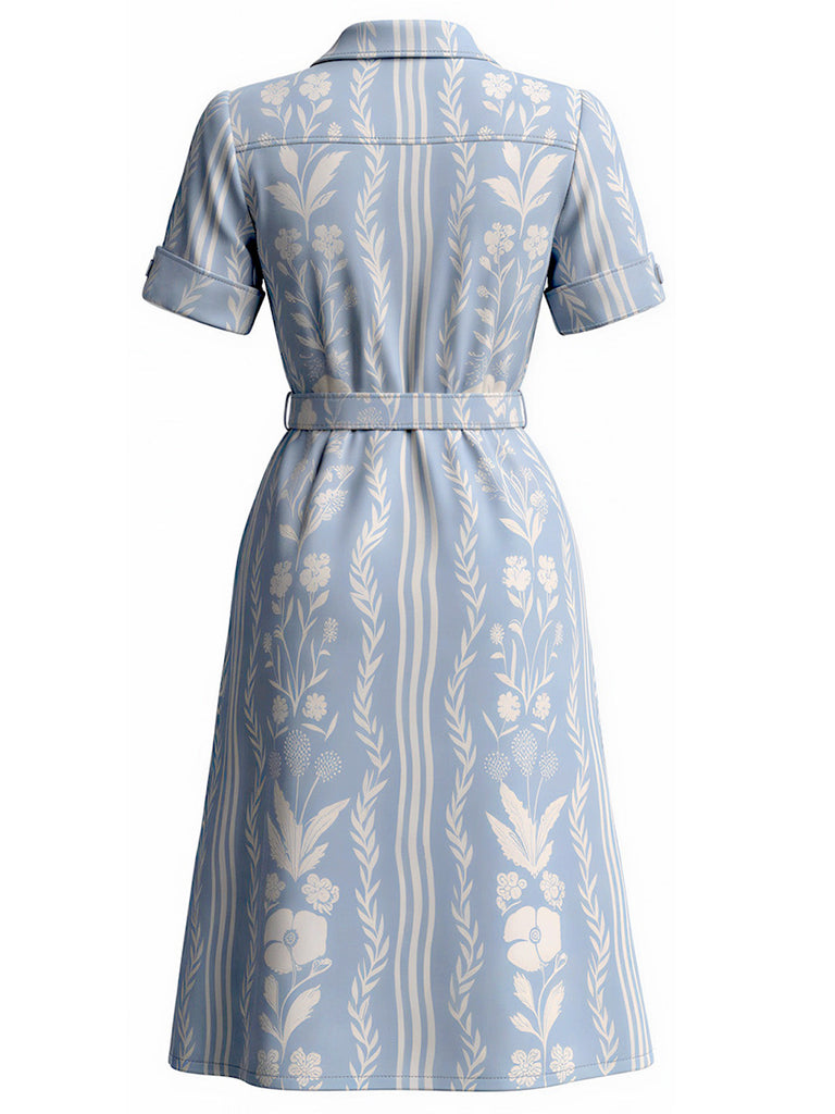 Blaues 40er Kleid mit Pflanzenprint und Schlitz