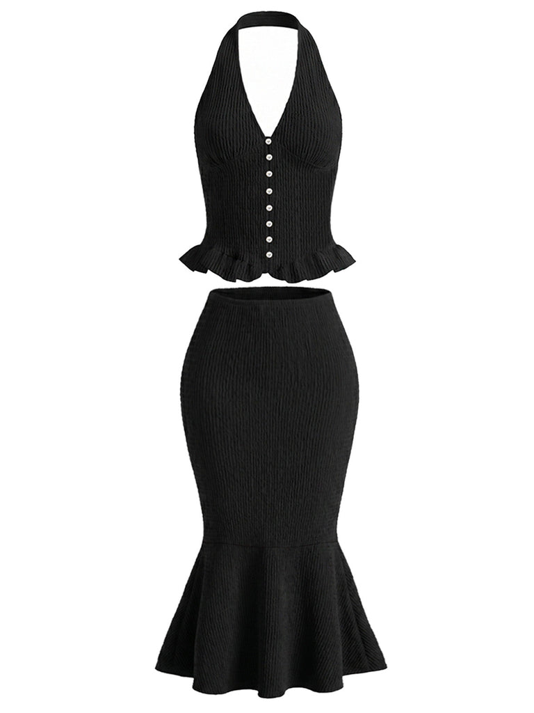 Schwarzes 60er 2PCS Strick-Set mit Rock