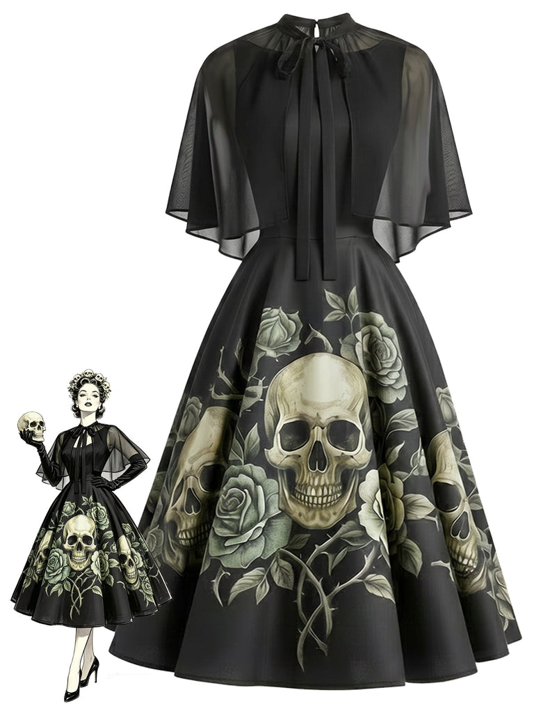 Schwarzes & Rosa 50er Gothic Kleid mit Totenkopf