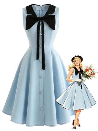 [Vorverkauf] Hellblaues 50er Kleid mit Schleifenkragen und Taschen