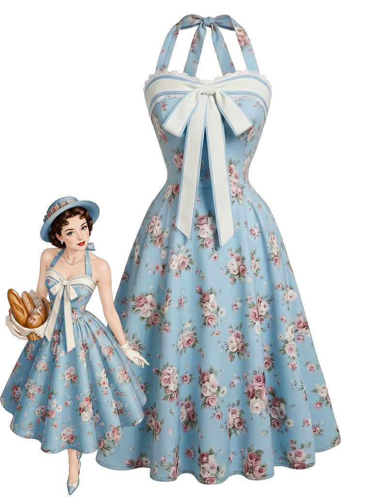 Hellblaues 50er Blumenkleid mit Neckholder und Schleife