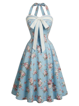 Hellblaues 50er Blumenkleid mit Neckholder und Schleife