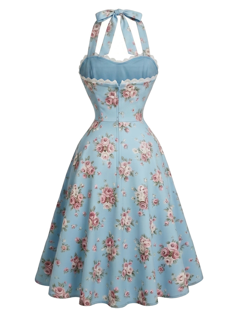 Hellblaues 50er Blumenkleid mit Neckholder und Schleife