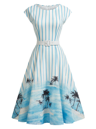 [Vorverkauf] Blaues 50er Streifenkleid mit Palmenprint und Taschen