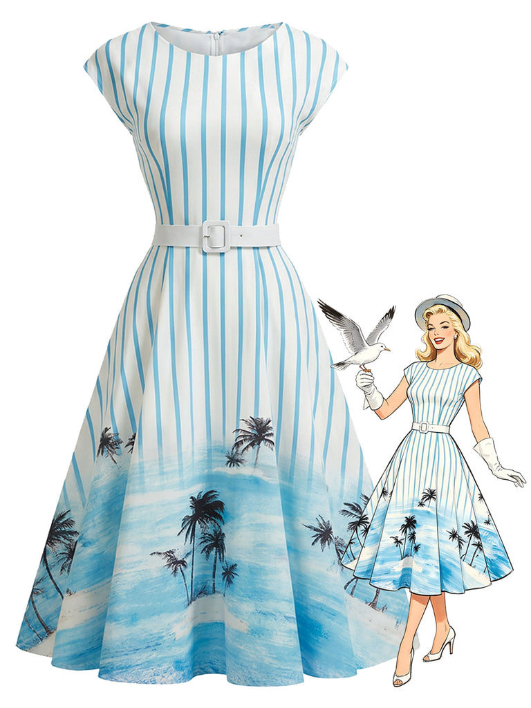 Blaues 50er Swingkleid mit Print und Palmen